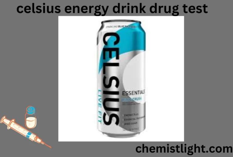 A can of Celsius Energy Drink placed next to a drug test kit, representing the topic of drug testing and energy drink consumption