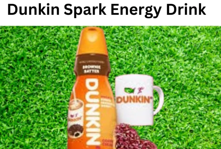 A can of Dunkin' Spark Energy Drink surrounded by coffee beans and ice cubes, symbolizing energy boost and refreshment