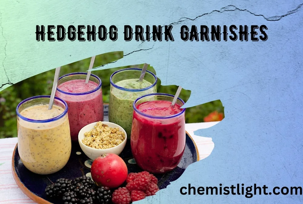 A whimsical hedgehog drink garnish made with fresh berries, citrus peel, and cocktail picks.