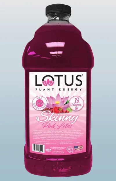 A refreshing glass of Lotus Energy Drink, garnished with fresh lotus petals and ice cubes, set against a bright background.